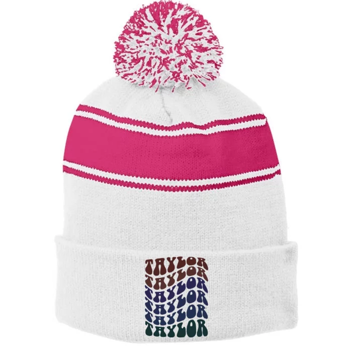 Girl Taylor Retro First Name Personalized Stripe Pom Pom Beanie