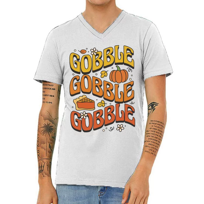 Gobble Turkey Retro Thanksgiving Fall V-Neck T-Shirt