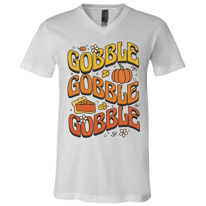 Gobble Turkey Retro Thanksgiving Fall V-Neck T-Shirt