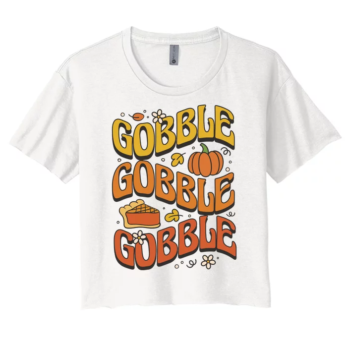 Gobble Turkey Retro Thanksgiving Fall Women's Crop Top Tee