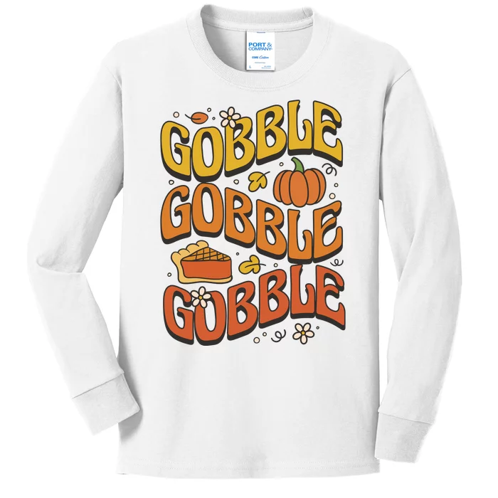 Gobble Turkey Retro Thanksgiving Fall Kids Long Sleeve Shirt