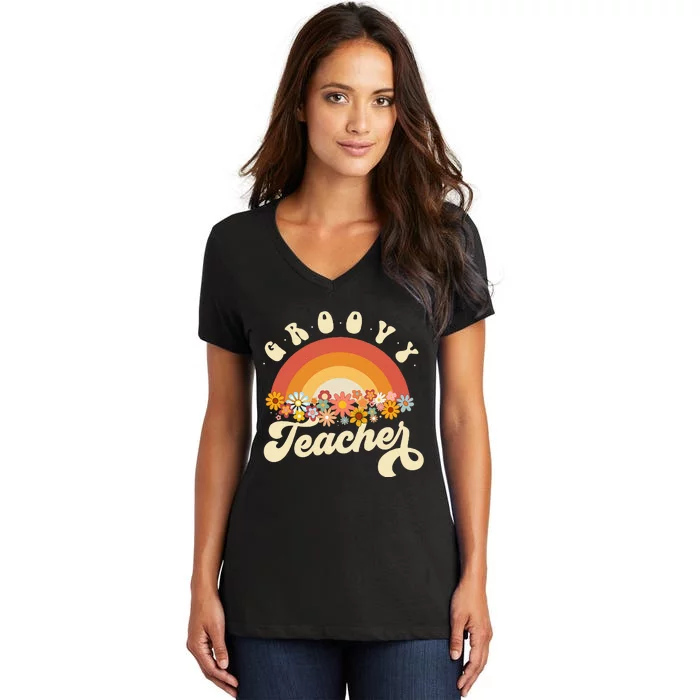 Groovy Teacher Retro Rainbow Colorful Design Teaching Women's V-Neck T-Shirt