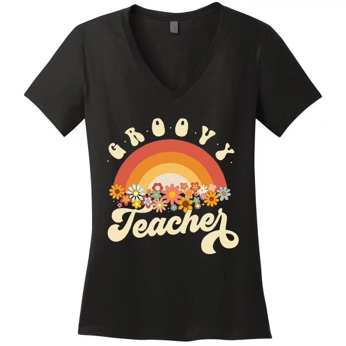 Groovy Teacher Retro Rainbow Colorful Design Teaching Women's V-Neck T-Shirt