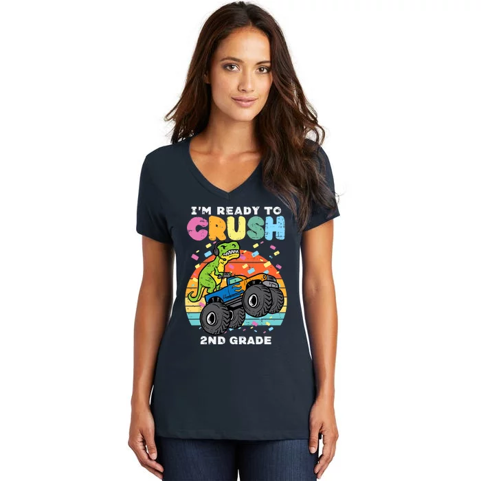 Gamer T Rex On Monster Truck Im Ready To Crush 2nd Grade Boy Women's V-Neck T-Shirt