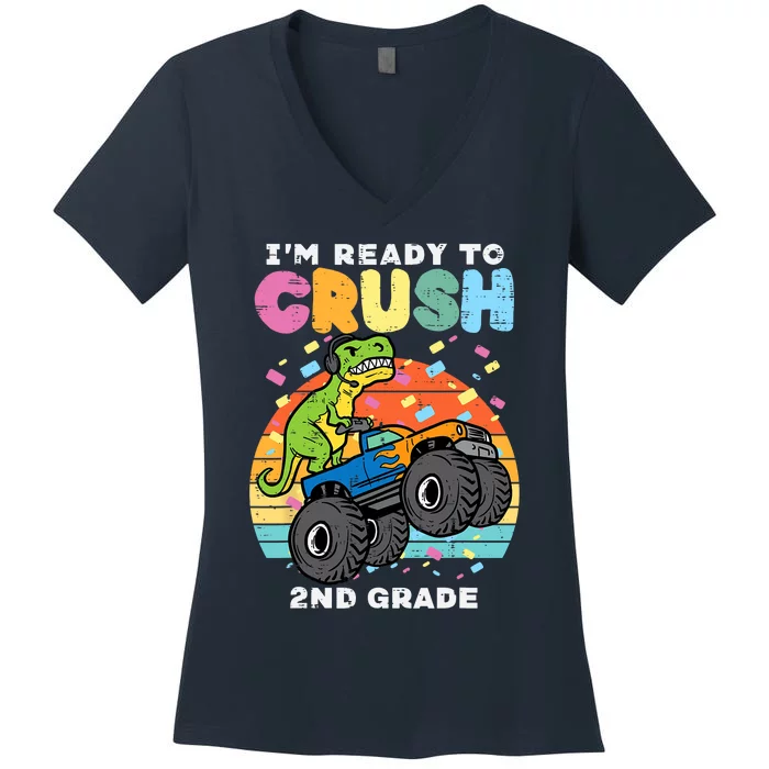 Gamer T Rex On Monster Truck Im Ready To Crush 2nd Grade Boy Women's V-Neck T-Shirt