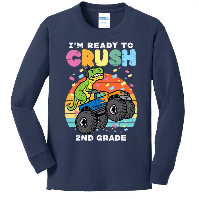 Gamer T Rex On Monster Truck Im Ready To Crush 2nd Grade Boy Kids Long Sleeve Shirt