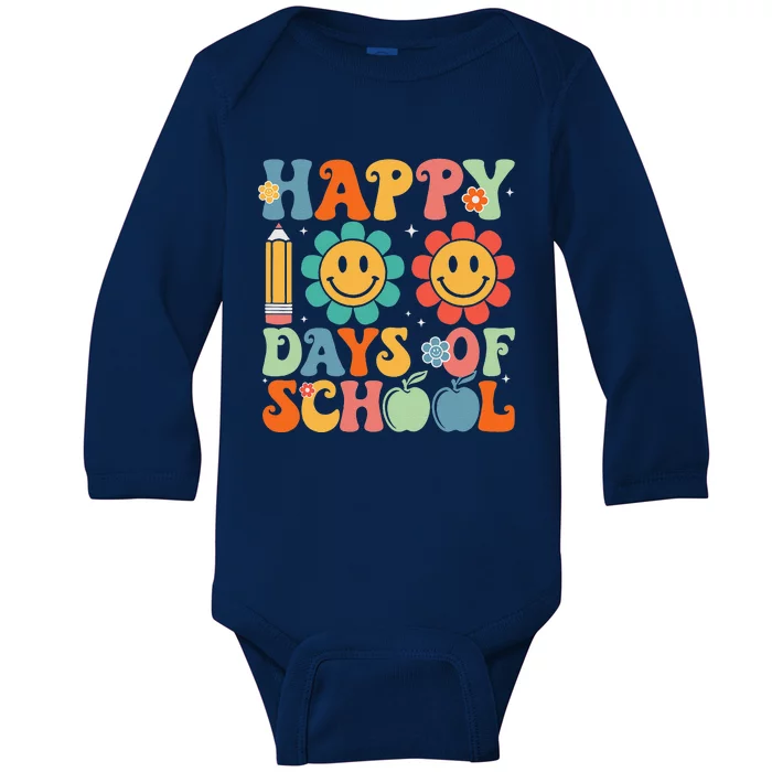 Groovy Teacher Student 100th Day Of School Happy 100 Days Funny Baby Long Sleeve Bodysuit