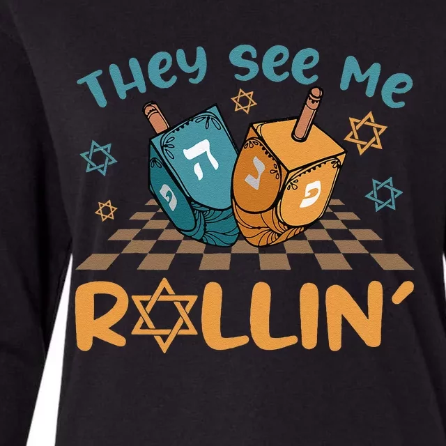 Groovy They See Me Rollin Hanukkah 2024 Dreidel Game Jewish Womens Cotton Relaxed Long Sleeve T-Shirt