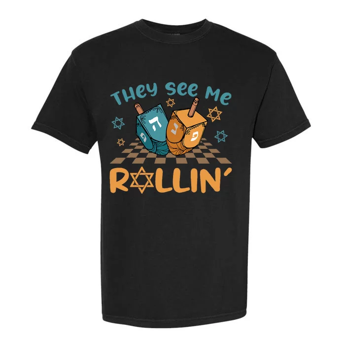 Groovy They See Me Rollin Hanukkah 2024 Dreidel Game Jewish Garment-Dyed Heavyweight T-Shirt