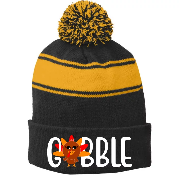 Gobble Turkey Thanksgiving Stripe Pom Pom Beanie