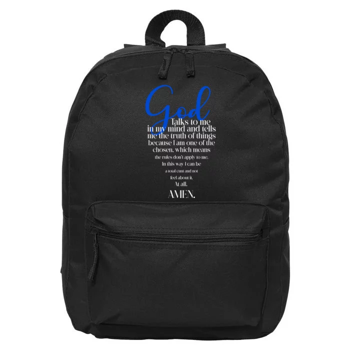 God Talks To Me Amen Funny Christian 16 in Basic Backpack