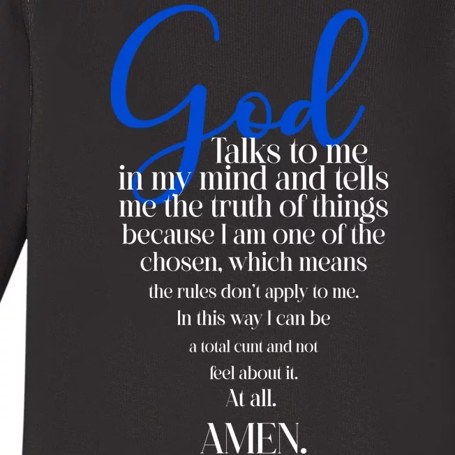 God Talks To Me Amen Funny Christian Baby Long Sleeve Bodysuit