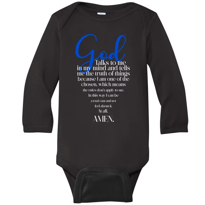 God Talks To Me Amen Funny Christian Baby Long Sleeve Bodysuit