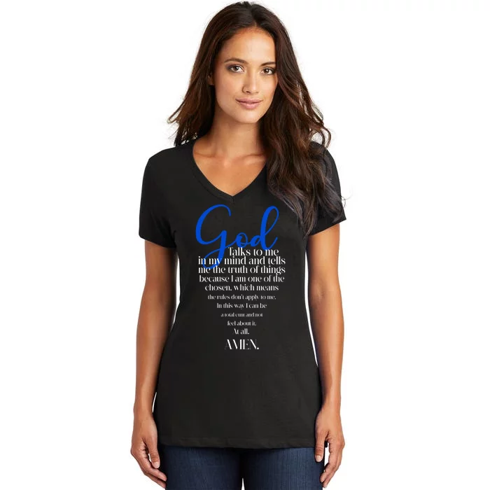 God Talks To Me Amen Funny Christian Women's V-Neck T-Shirt