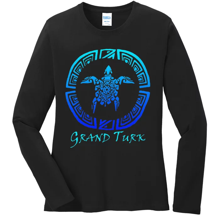 Grand Turk, Turks & Caicos Vintage Tribal Turtle Vacation Ladies Long Sleeve Shirt