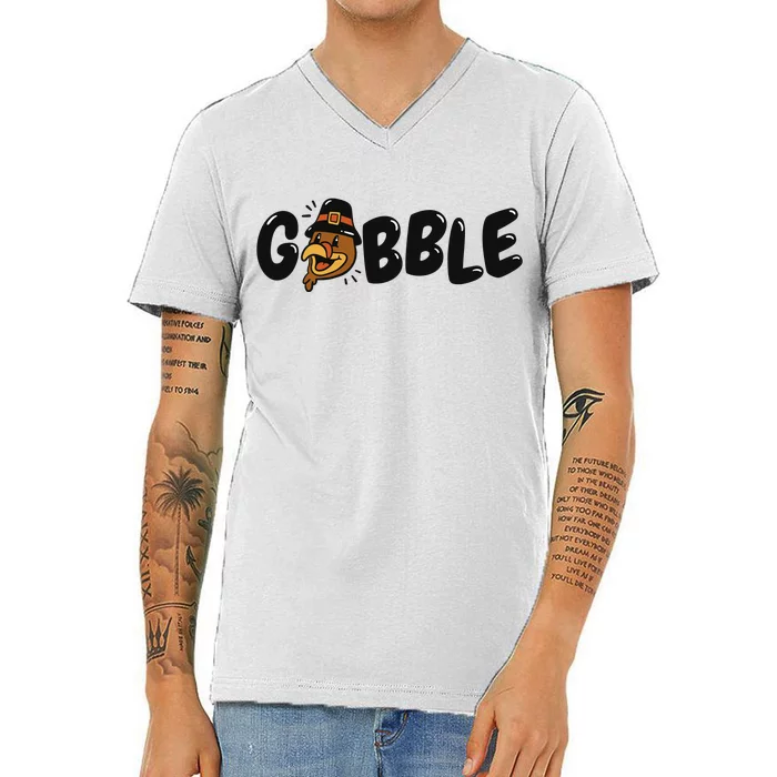 Gobble Turkey Thanksgiving Holiday Cute V-Neck T-Shirt