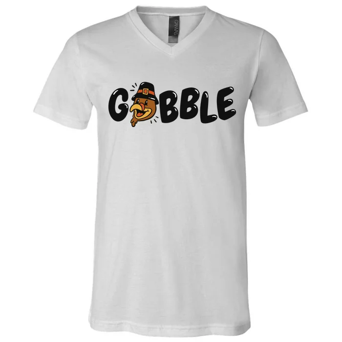 Gobble Turkey Thanksgiving Holiday Cute V-Neck T-Shirt