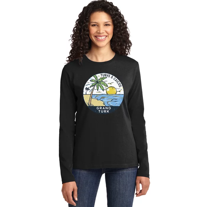 Grand Turk Turks And Caicos Illustrated Ocean Vintage Ladies Long Sleeve Shirt