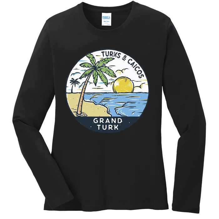 Grand Turk Turks And Caicos Illustrated Ocean Vintage Ladies Long Sleeve Shirt