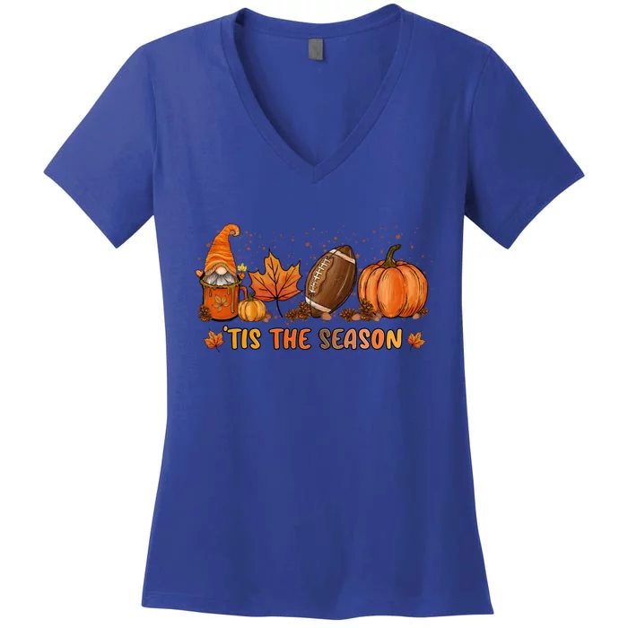 Gnome Tis The Season Pumpkin Fall Leaf Spice Latte Football Gift Women's V-Neck T-Shirt