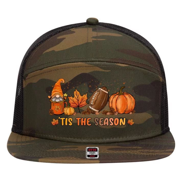 Gnome Tis The Season Pumpkin Fall Leaf Spice Latte Football Gift 7 Panel Mesh Trucker Snapback Hat