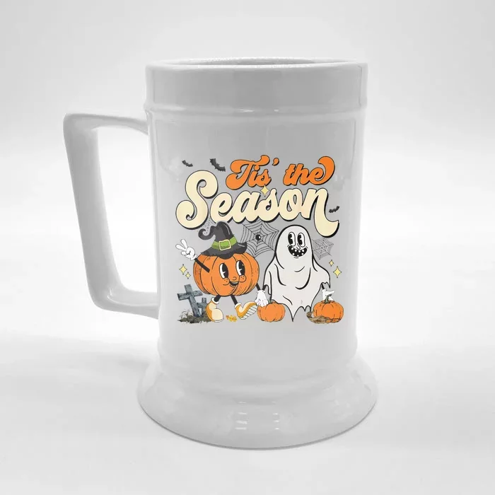 Groovy Tis The Season Pumpkin Floral Ghost Hippie Halloween Front & Back Beer Stein