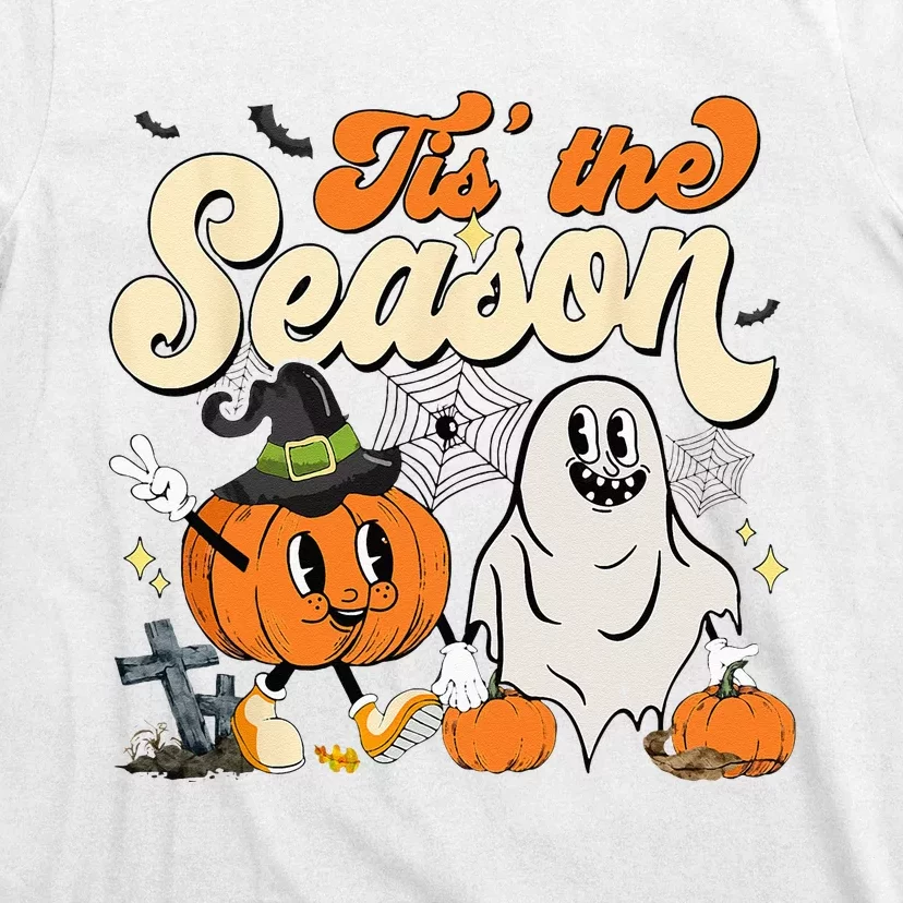 Groovy Tis The Season Pumpkin Floral Ghost Hippie Halloween T-Shirt