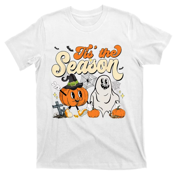 Groovy Tis The Season Pumpkin Floral Ghost Hippie Halloween T-Shirt