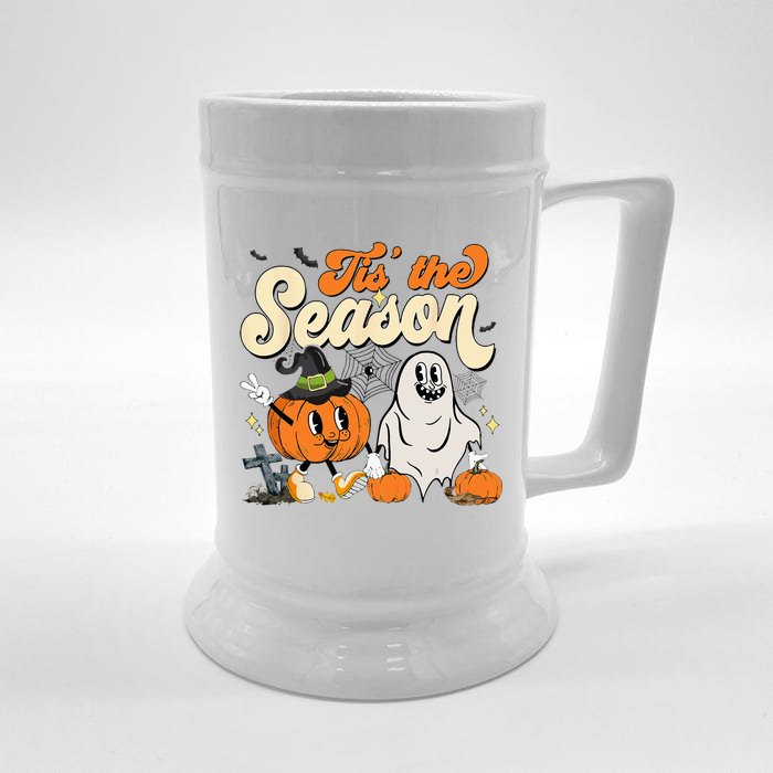 Groovy Tis The Season Pumpkin Floral Ghost Hippie Halloween Front & Back Beer Stein