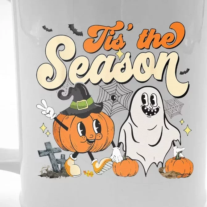 Groovy Tis The Season Pumpkin Floral Ghost Hippie Halloween Front & Back Beer Stein