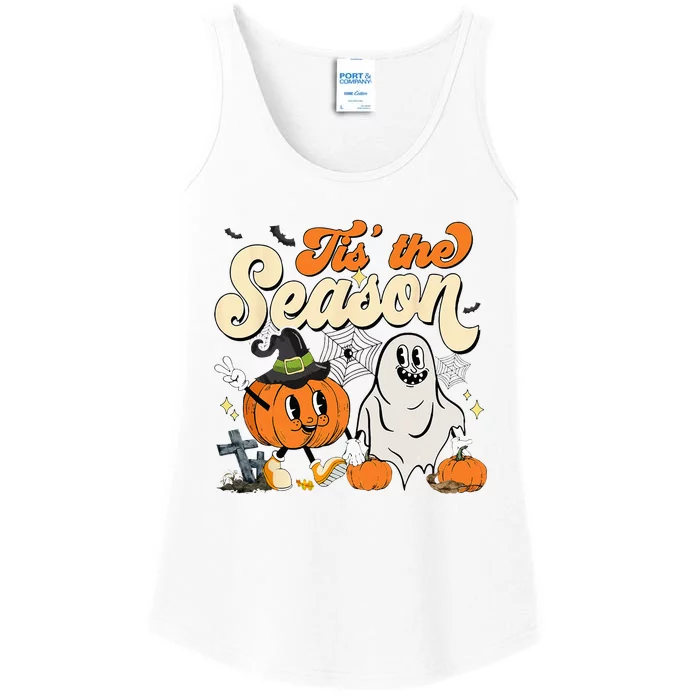 Groovy Tis The Season Pumpkin Floral Ghost Hippie Halloween Ladies Essential Tank