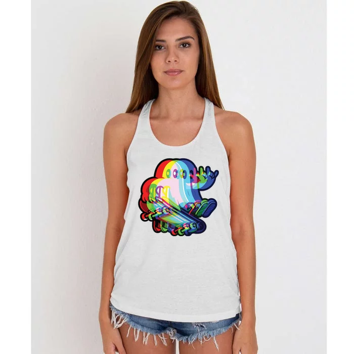 Ghost Trippy Vaporwave Halloween Techno Rave Edm Music Party Women's Knotted Racerback Tank