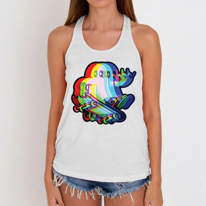 Ghost Trippy Vaporwave Halloween Techno Rave Edm Music Party Women's Knotted Racerback Tank