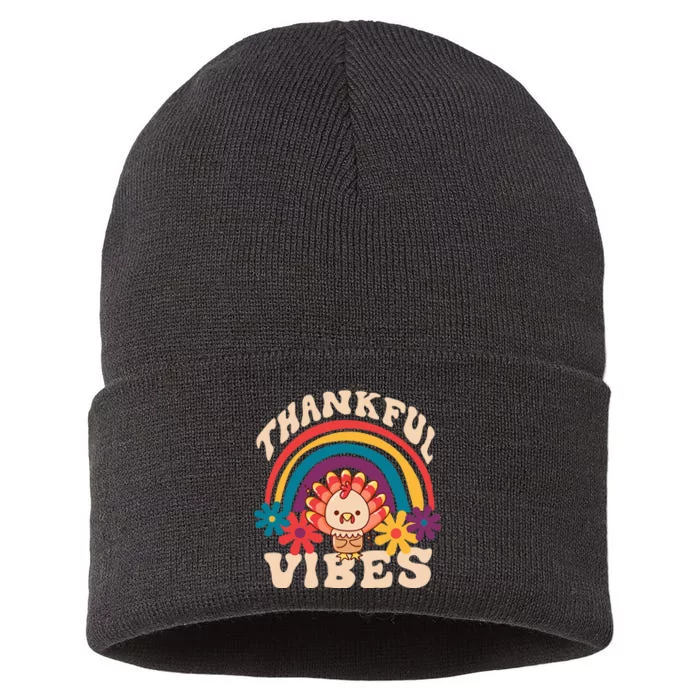 Groovy Thankful Vibes Turkey Fall Thanksgiving Sustainable Knit Beanie