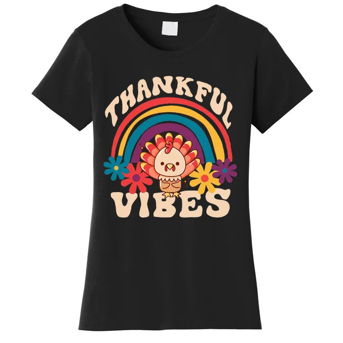 Groovy Thankful Vibes Turkey Fall Thanksgiving Women's T-Shirt