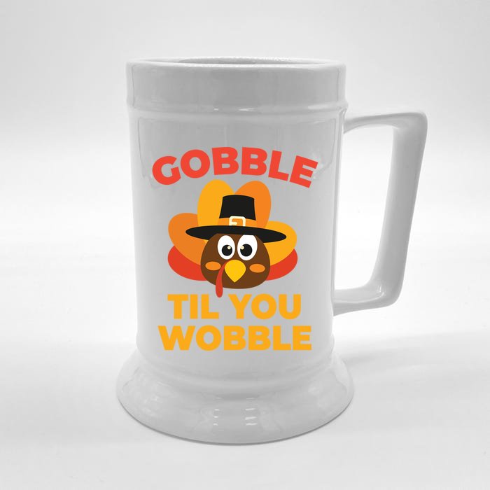 Gobble Til You Wobble Funny Turkey Thanksgiving Gift Front & Back Beer Stein