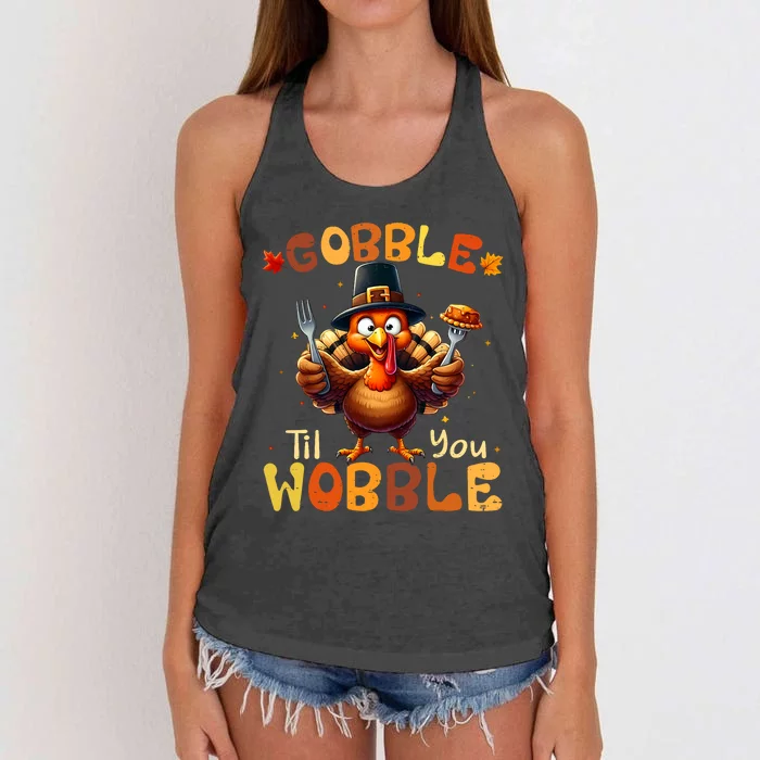 Gobble Til You Wobble Thanksgiving Turkey Women's Knotted Racerback Tank