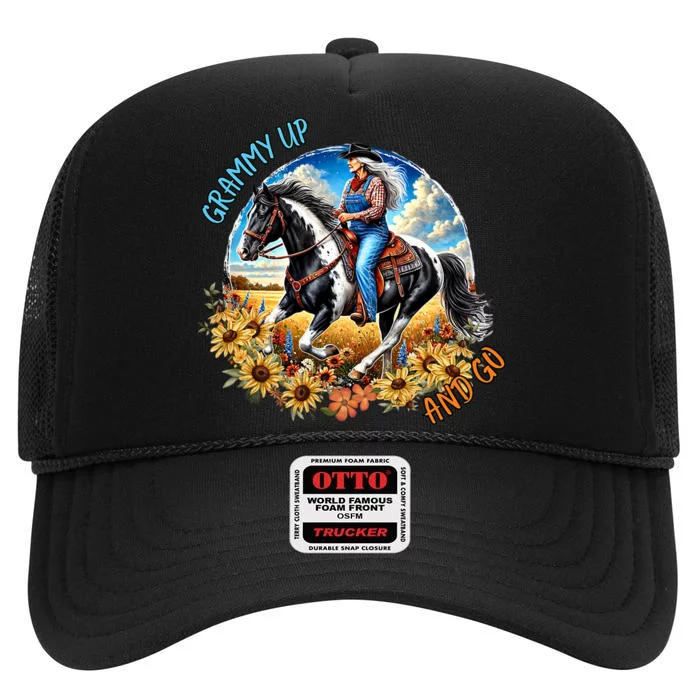 Grammy Up And Go Granny Horseback Riding High Crown Mesh Trucker Hat