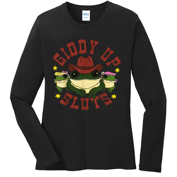 Giddy Up Funny Frogs Funny Western Country Ladies Long Sleeve Shirt