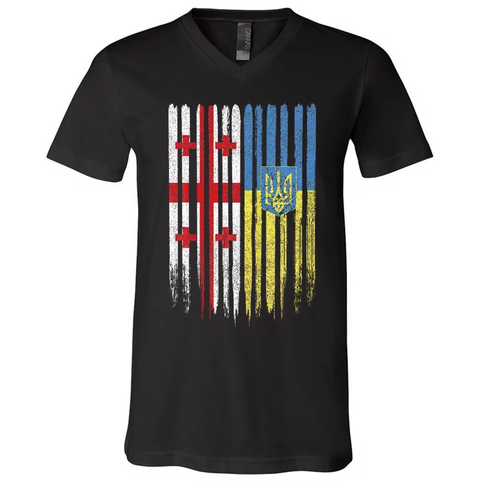 Georgia Ukraine Georgian Ukrainian Flag V-Neck T-Shirt