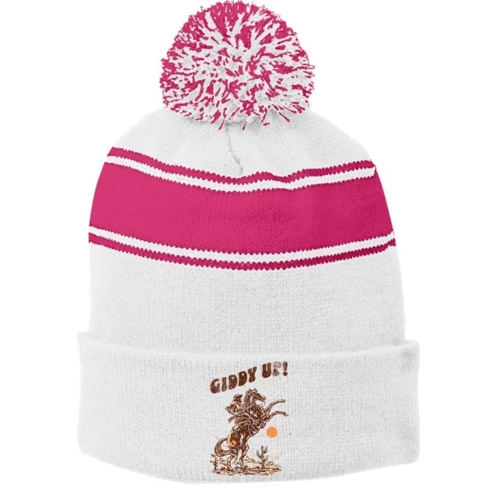 Giddy Up Horse Western Boho Hippie Stripe Pom Pom Beanie