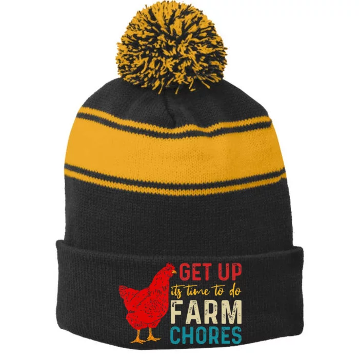 Get Up Its Time To Do Farm Chores Stripe Pom Pom Beanie