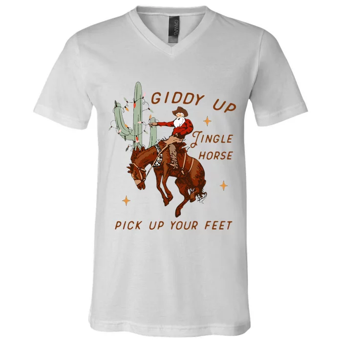 Giddy Up Jingle Horse Cowboy Cowgirl Western Christmas V-Neck T-Shirt