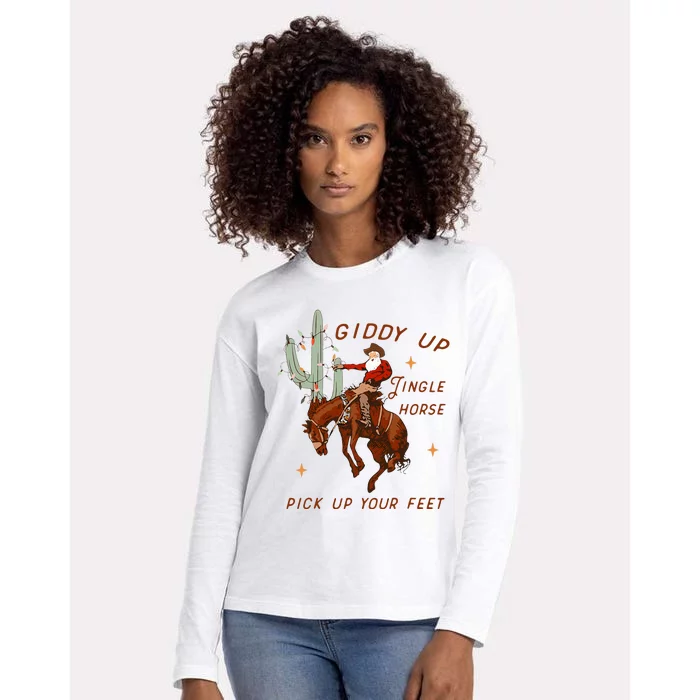 Giddy Up Jingle Horse Pick Up Your Feet Cowboy Santa Cactus Womens Cotton Relaxed Long Sleeve T-Shirt