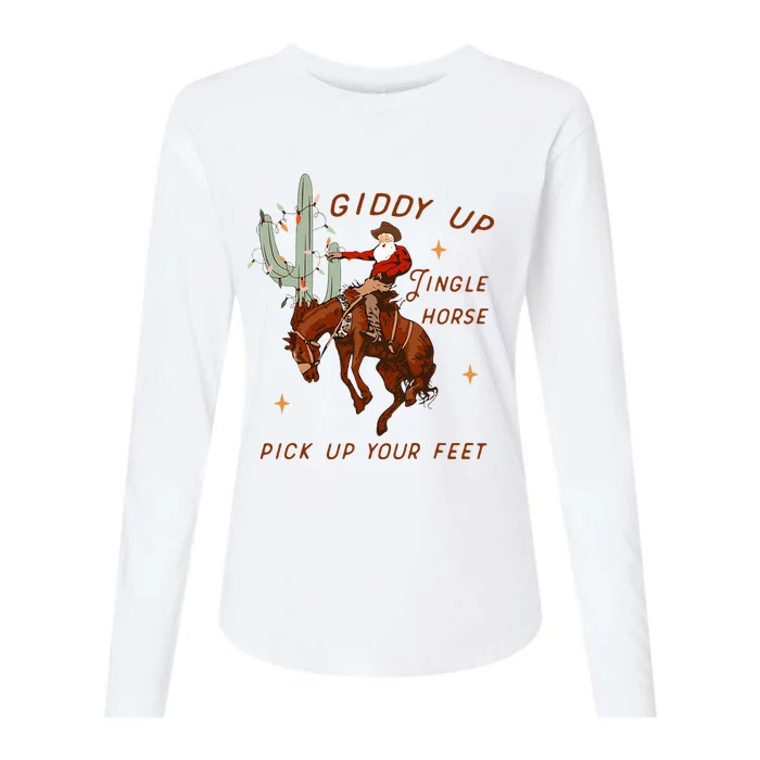 Giddy Up Jingle Horse Pick Up Your Feet Cowboy Santa Cactus Womens Cotton Relaxed Long Sleeve T-Shirt