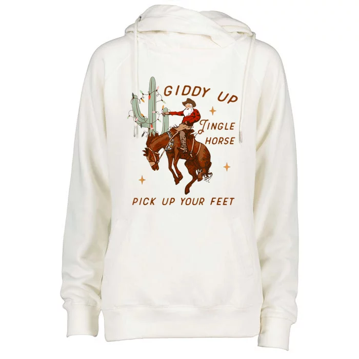 Giddy Up Jingle Horse Pick Up Your Feet Cowboy Santa Xmas Womens Funnel Neck Pullover Hood