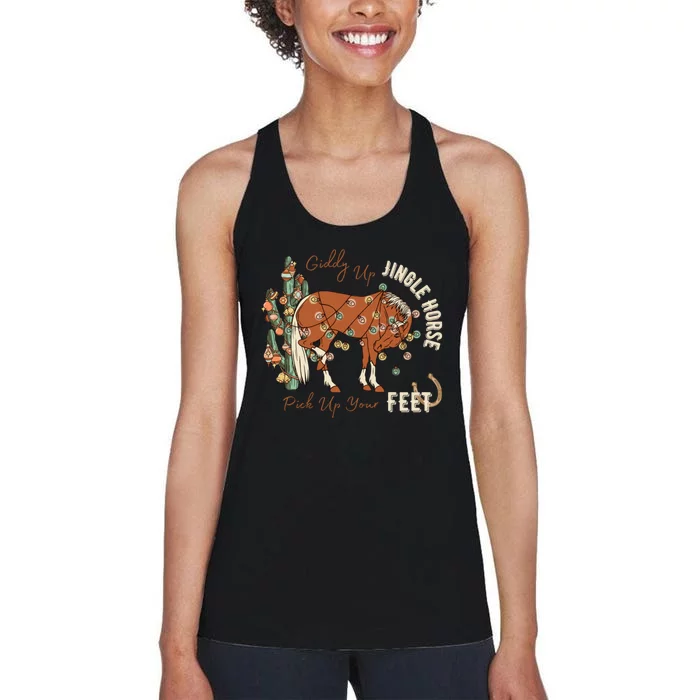 Giddy Up Jingle Horse Pick Up Your Feet Cowboy Santa Cactus Women's Racerback Tank