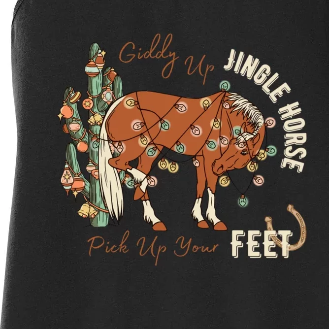 Giddy Up Jingle Horse Pick Up Your Feet Cowboy Santa Cactus Women's Racerback Tank