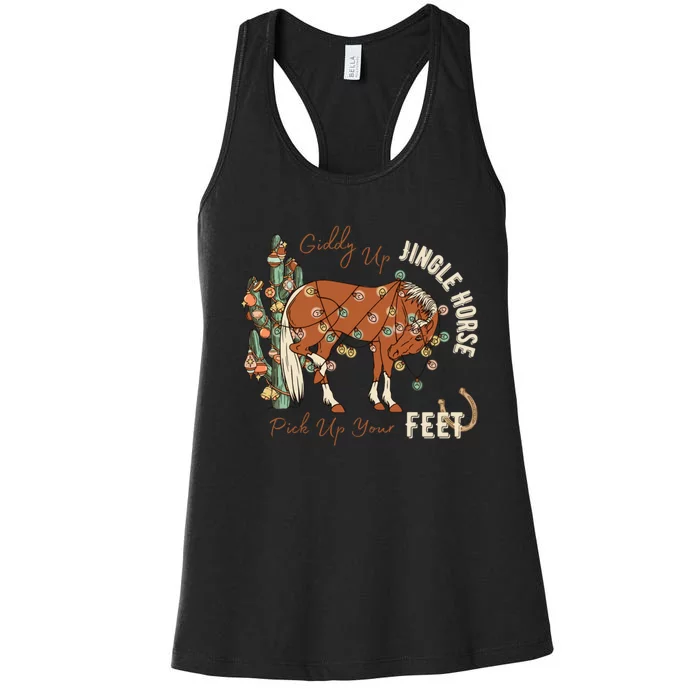 Giddy Up Jingle Horse Pick Up Your Feet Cowboy Santa Cactus Women's Racerback Tank