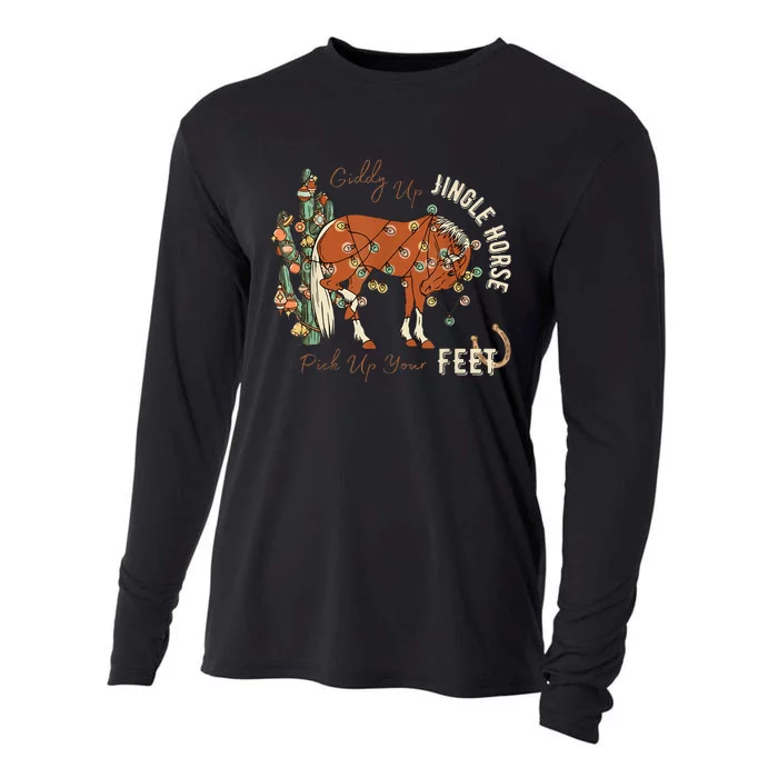 Giddy Up Jingle Horse Pick Up Your Feet Cowboy Santa Cactus Cooling Performance Long Sleeve Crew